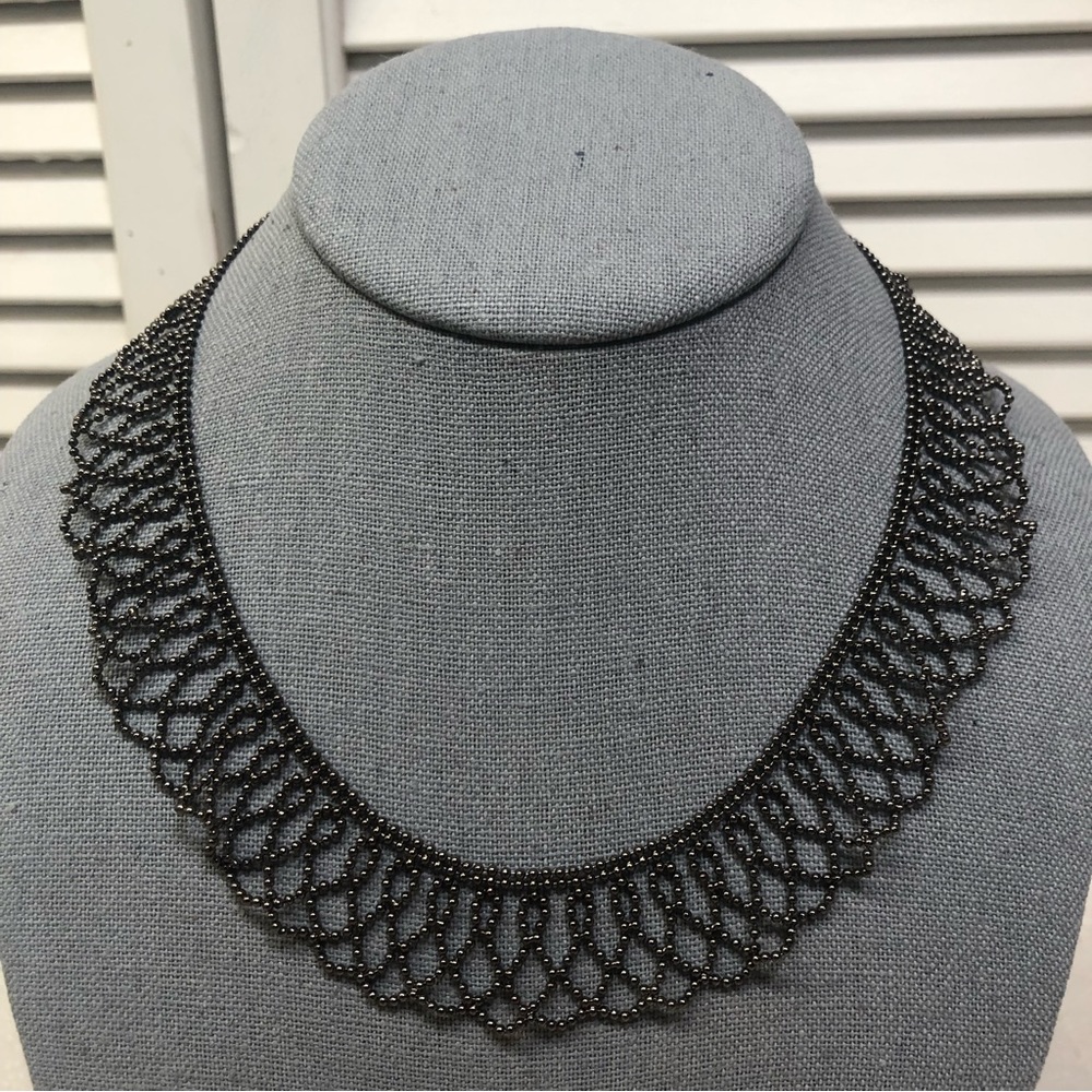 Vintage Delicate Beaded Black Lace Collar Necklace Choker